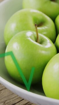 Vertical video: Green apples in bowl, zigzag entering from left sweeping across fruit for food ads