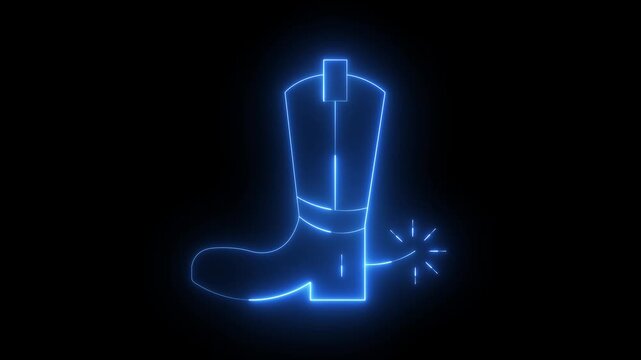 Glowing neon Cowboy boot icon isolated on black background. Traditional western cowboy boot. 4k video animation.
