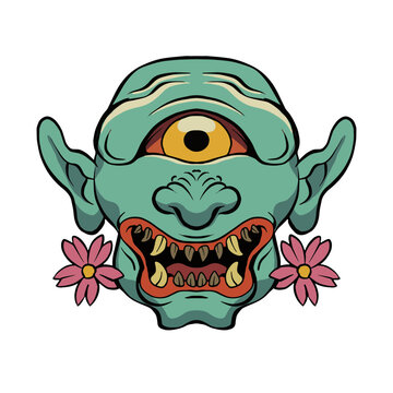 Illustrative green monster face with floral accents design