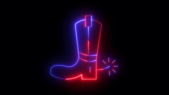 Glowing neon Cowboy boot icon isolated on black background. Traditional western cowboy boot. 4k video animation.