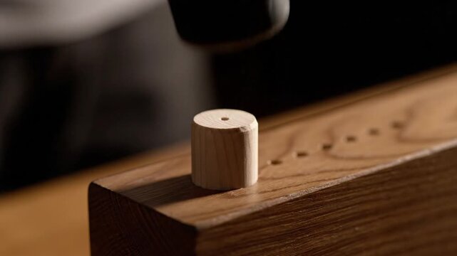 Close-up of hand hammering wooden dowel into oak wood plank for carpentry project