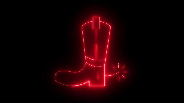 Glowing neon Cowboy boot icon isolated on black background. Traditional western cowboy boot. 4k video animation.