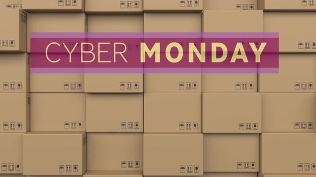 Animation of cyber monday text over stack of cardboard boxes in warehouse