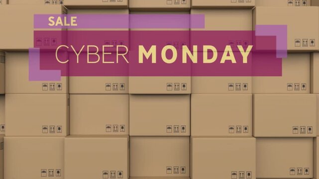 Animation of cyber monday text over stack of cardboard boxes in warehouse