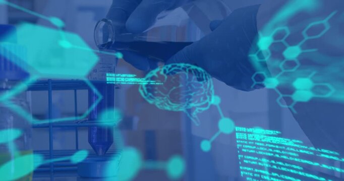 Animation of data processing and chemical formula over scientist