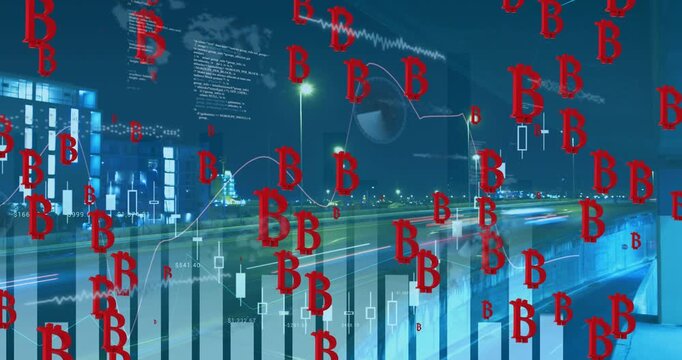 Animation of data processing and icons over cityscape