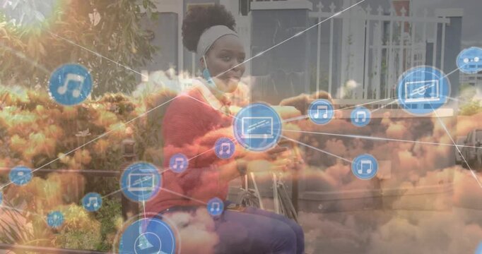 Animation of network of connections over clouds and afrcian american woman with bike