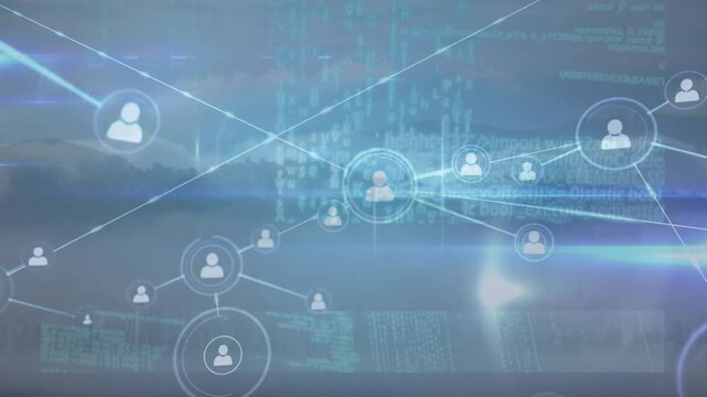 Animation of network of profile icons over screens with data processing against mountains