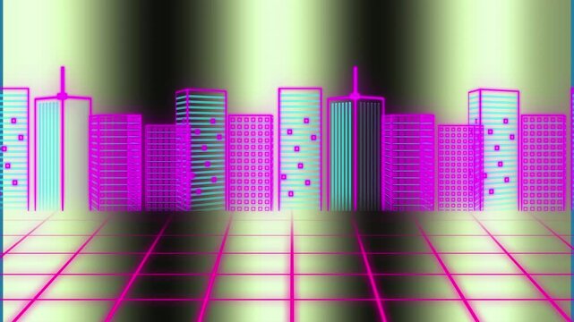 Green digital waves against arrow neon cityscape at data processing on orange background