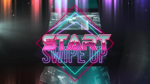 Animation of start text in pink letters over digital interface pattern