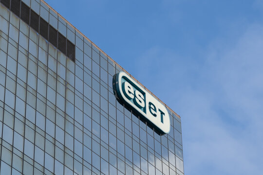 San Diego, California, USA - July 9, 2022: eset logo sign on the office building in San Diego, California, USA. ESET is a software company specializing in cybersecurity. 