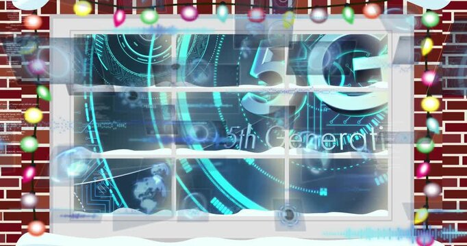 Animation of window over 5g 5th generation text and data processing on black background