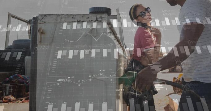 Animation of data processing over diverse couple fueling car at gas station