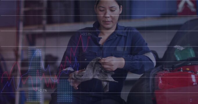 Female mechanic cleans hands as stock market visuals play in the background.