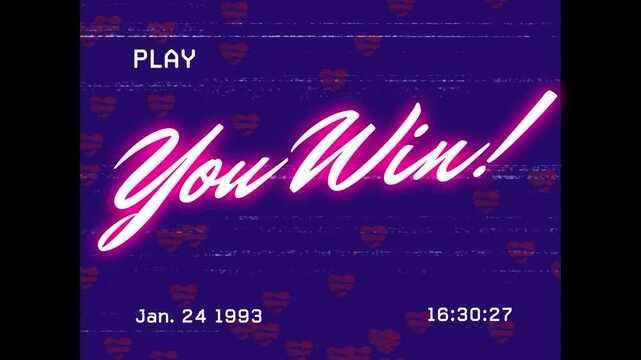 Animation of vhs glitch effect over neon purple you win text banner and red heart icons