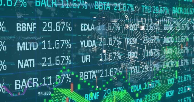 Animation of security padlock icon over stock market data processing against blue background