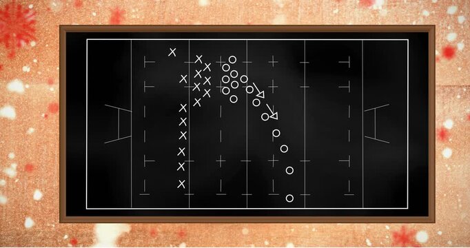 Animation of football game strategy on black chalkboard against textured pink background