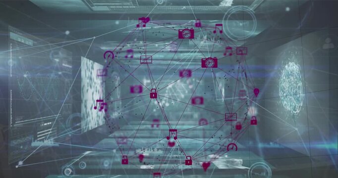 Animation of network of connections with icons and delivery icons over delivery icons