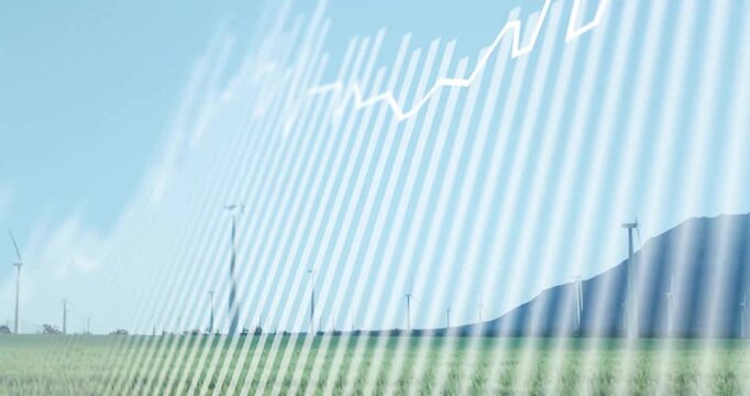 Animation of graph over windmills on field against sky