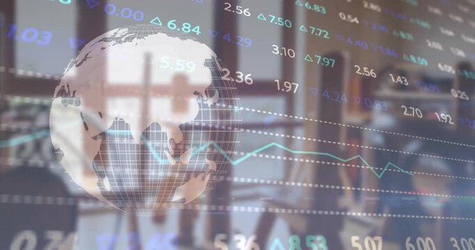 Animation of financial data processing over globe and classroom
