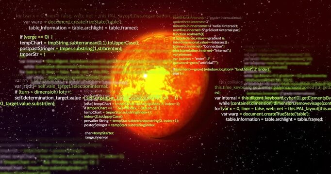 Animation of data text processing data over orange globe in space