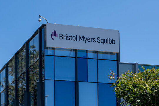 San Diego, CA, USA - July 9, 2022: Bristol Myers Squibb logo on the building in San Diego, CA, USA. The Bristol-Myers Squibb Company (BMS) is an American multinational pharmaceutical company.