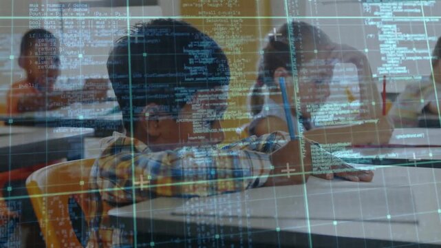 Students writing at classroom desks, showcasing education technology with grid overlay and code