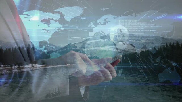 Businessman holding smartphone layering flat lakeside scene, showing world map and code streams