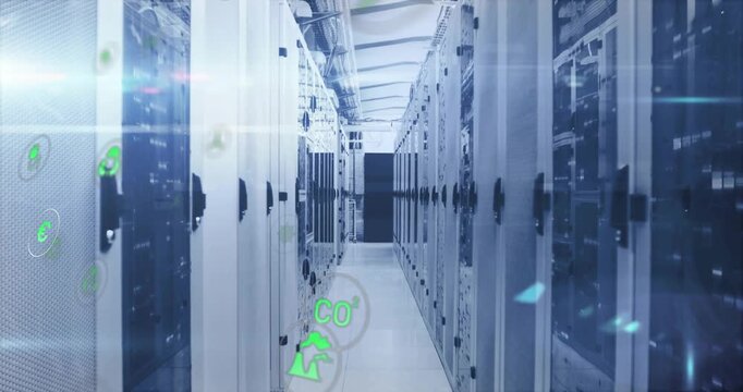 Forward camera moving down server aisle as eco icons drifting across racks promoting sustainability