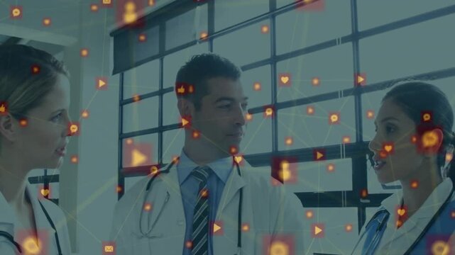 Nurse pointing folder and showing smartphone while doctor consulting health data with network lines