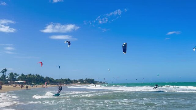 Kiteboarding, kite surfing and foilboarding on Kite Beach, Cabarete, Dominican Republic