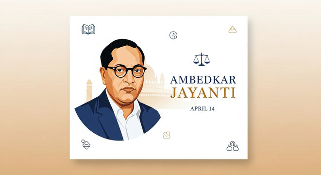 Social media square post design celebrating Ambedkar Jayanti with minimal icons and clean layout