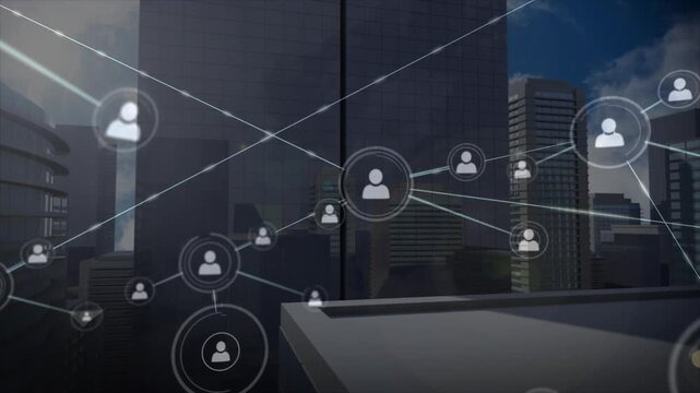 Animation of network of connections over cityscape