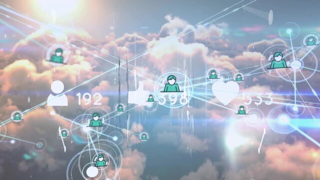 Animation of network of connections with icons over sports stadium
