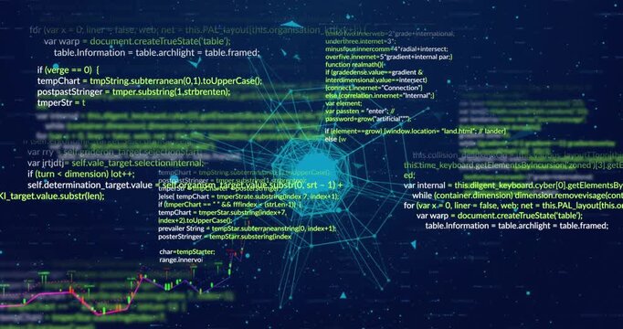 Animation of digital dots interconnecting with lines forming globe against programming language