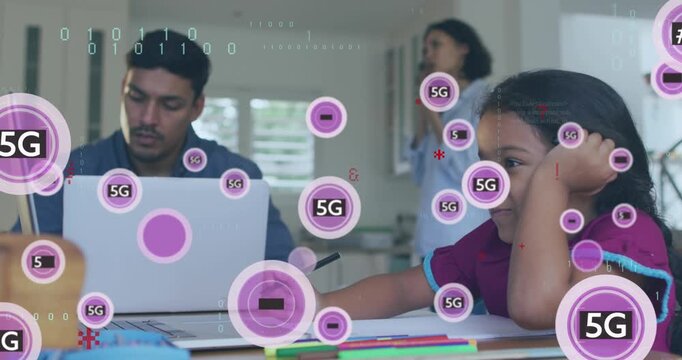 Animation of network of connections with icons over diverse business people using computers