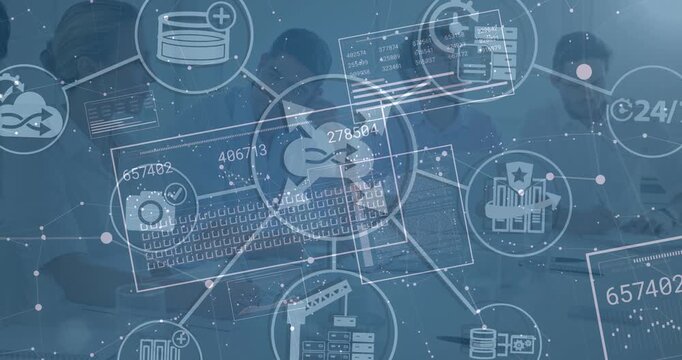 Animation of tech icons and motherboard on green digital screen with diverse coworkers