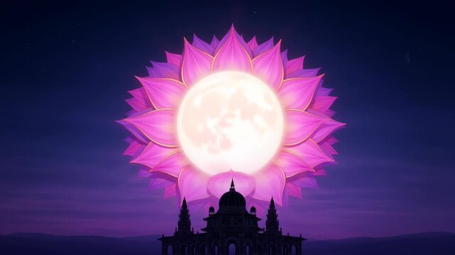 Artistic Illustration of a Full Moon with a Pink Lotus Flower Mandala Over a Temple Silhouette During Jyeshtha Adhika Purnima Night