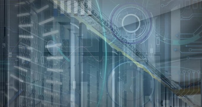 Animation of 5g text with graphs and charts processing data over computer server room