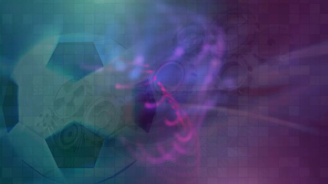Animation of pink light trails over football against mosaic squares against gradient background