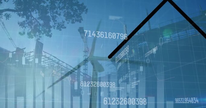 Animation of social media icons and network of connections over construction site