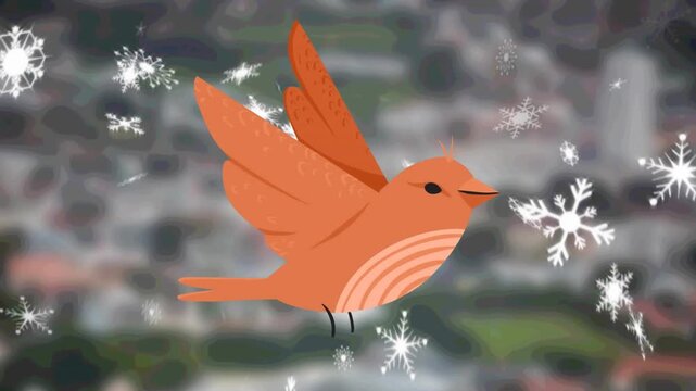 Animation of bird icon over snow falling