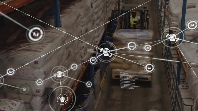 Animation of database, connected icons, african american male worker driving forklift in warehouse