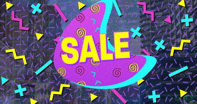 Animation of massive sale and falling icons and shapes over dark background