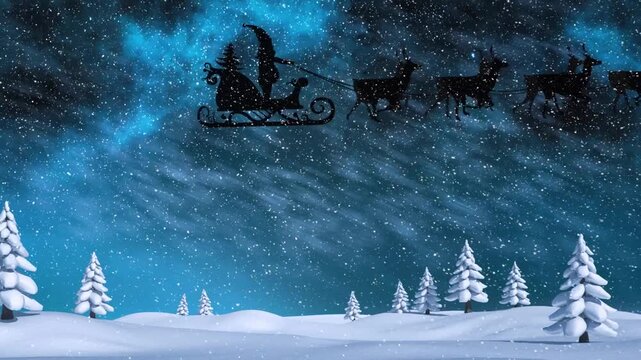 Animation of snow falling and santa riding sleigh over land and trees against sky at night