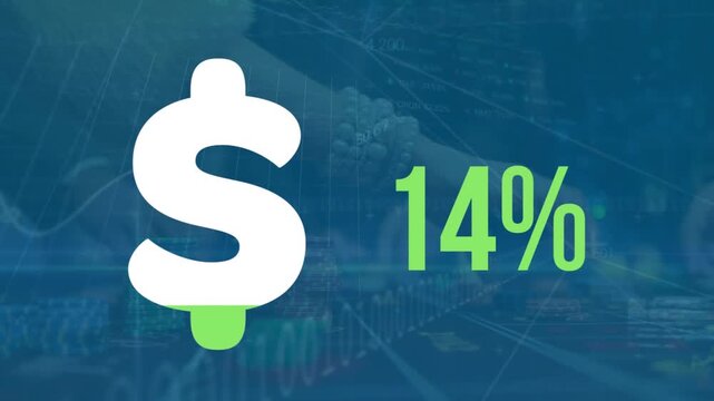 Animation of dollar symbol with percents growing over data processing and people in casino