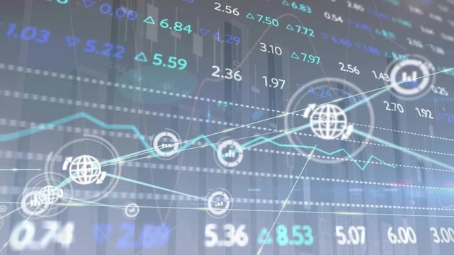 Animation of network of digital icons over stock market data processing against grey background