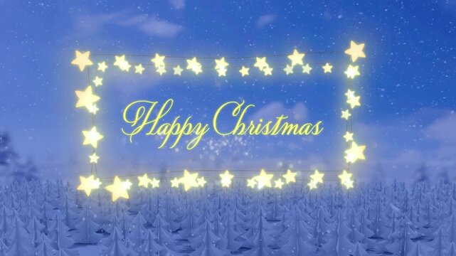 Animation of happy christmas text with fairy lights over snow falling and winter landscape