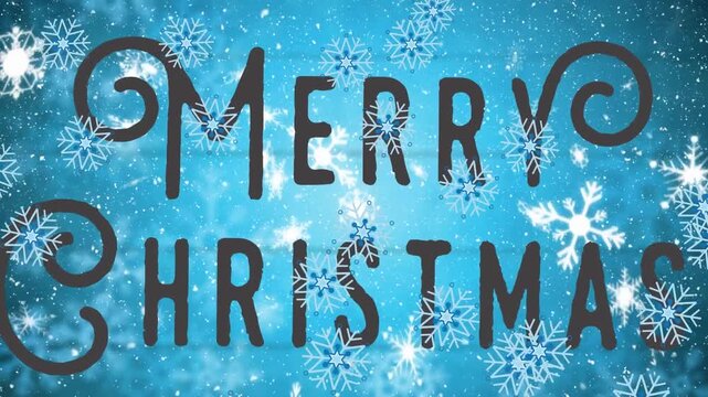 Animation of snowflakes falling over merry christmas text banner against blue wooden background