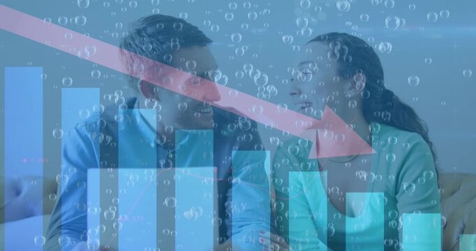 Animation of statistical data processing and bubbles over caucasian couple calculating finance